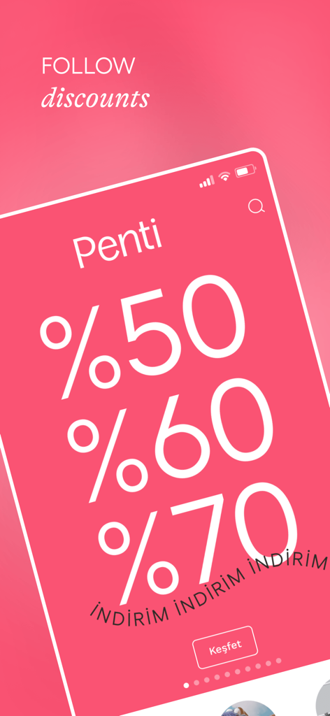 Penti: İç Giyim ve Ev Giyim - Die Benutzeroberfläche der Penti Mobile App zeigt Werberabatte von 50 Prozent, 60 Prozent und 70 Prozent auf einem leuchtend pinken Hintergrund.