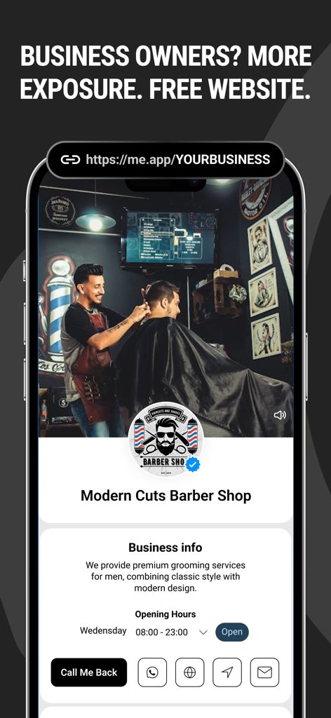Ein Unternehmensprofil für einen Friseursalon in der Me App mit integrierten Kontaktfunktionen.