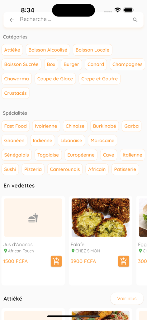 Bonbiz Food app search screen displaying various food categories and featured menu items with prices in FCFA.