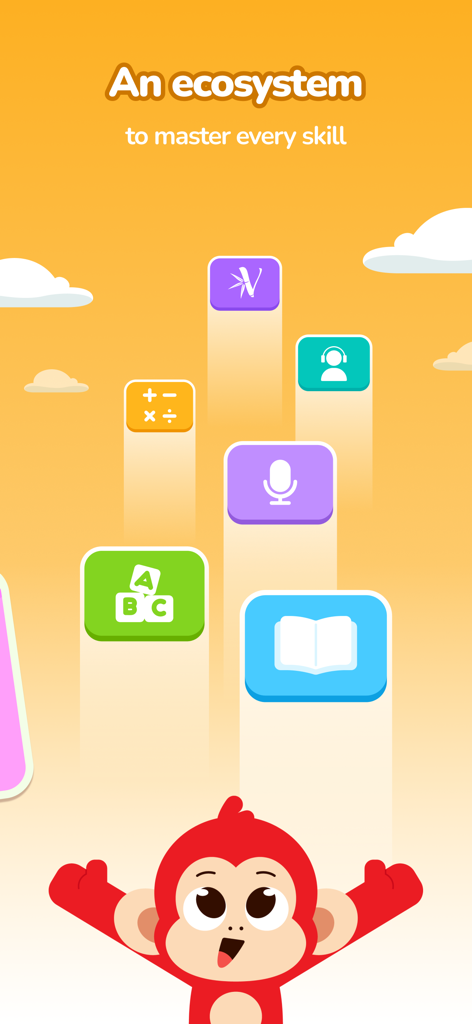 Cartoon monkey character with floating icons representing the educational ecosystem for learning various skills