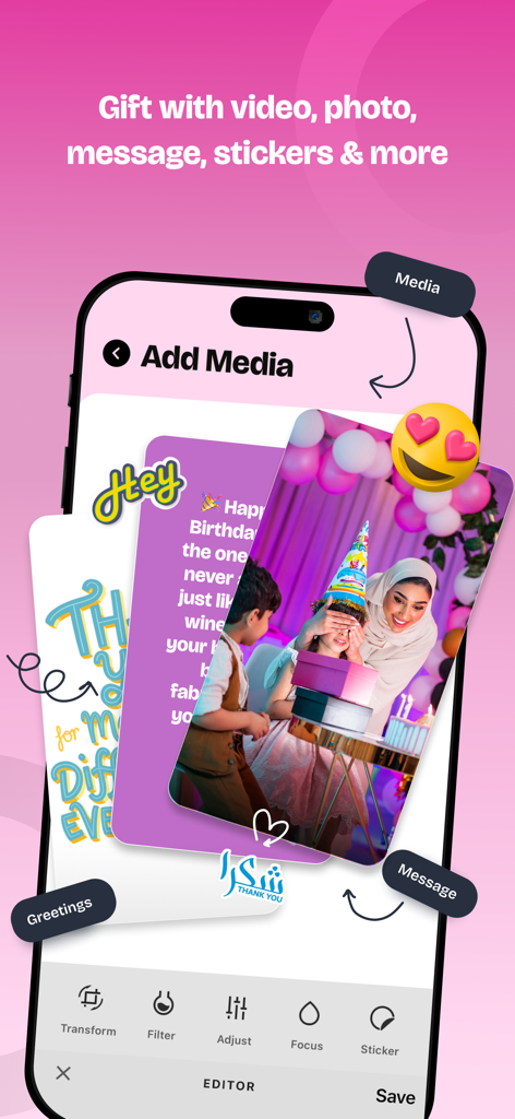 YOUGotaGift - Mobile interface showing personalization options for a gift card including photos, stickers, and text messages.