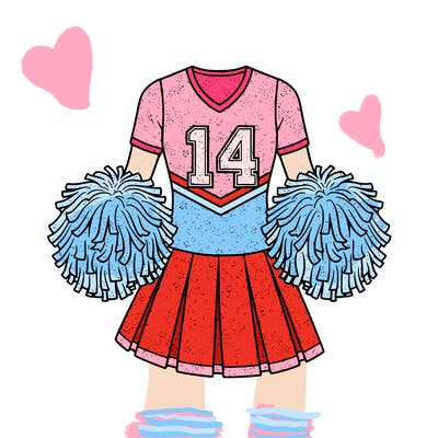 glittery cheerleader outfit glittery pom-poms with the 14 number on the shirt