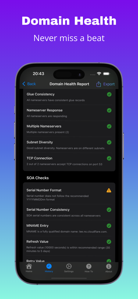 Aplicativo Saúde do Domínio exibindo verificações de validação de registros de DNS e SOA.