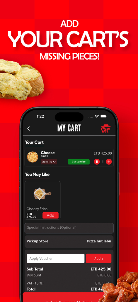Pizza Hut Ethiopia - Mobile app screen showing the cart summary for a Pizza Hut order in Ethiopia with subtotal and suggested sides