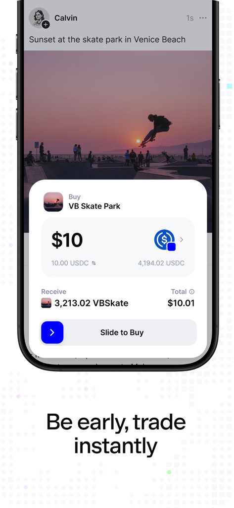 Eine mobile Benutzeroberfläche der Base-App, die einen sozialen Beitrag mit einem „Zum Kaufen schieben“-Transaktions-Overlay für einen Creator Coin zeigt.