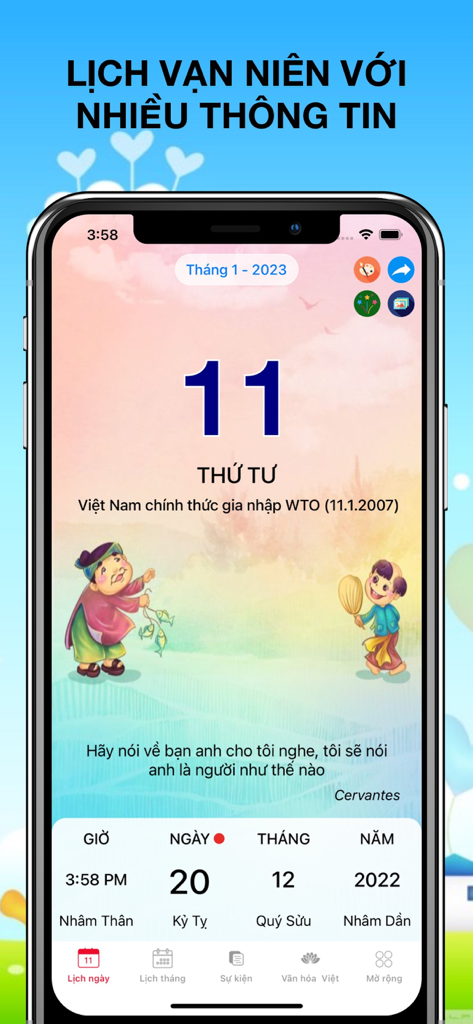 Vietnamese perpetual calendar app showing daily solar and lunar dates with folk art illustrations