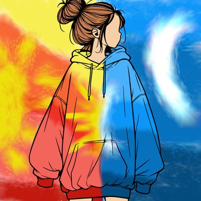 realistic girl with a oversized sweatshirt on and a bun