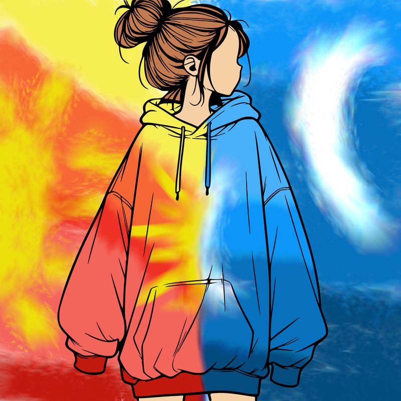 realistic girl with a oversized sweatshirt on and a bun