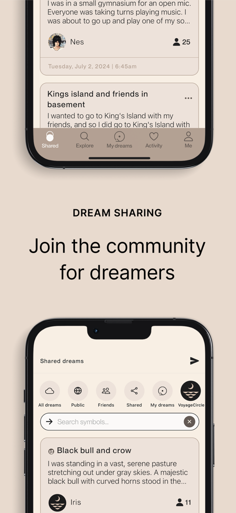 Temenos Dream app interface showing the dream sharing community feed and user profiles