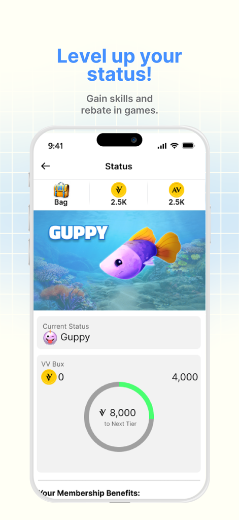 GuChat app interface displaying the Guppy status level and progression bar for rewards.