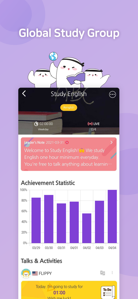 FLIP app interface displaying a global study group for English with achievement statistics and community activity.