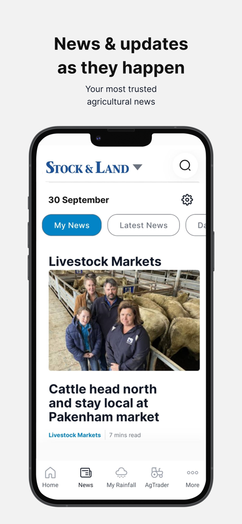 Stock & Land: News & Livestock - Stock and Land app news feed displaying livestock market updates and agricultural headlines.