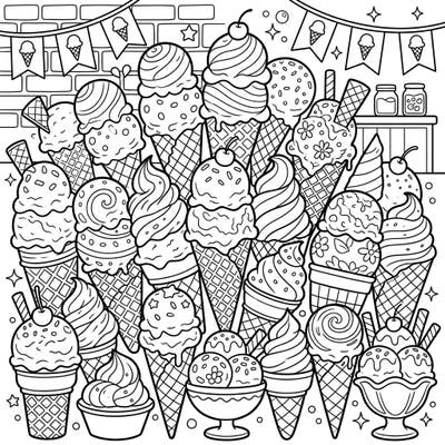 Get ready for a sweet treat with this delightful ice cream cone coloring page! This full scene features an abundance of various cones, scoops, and delectable toppings, promising hours of creative fun for all ages.