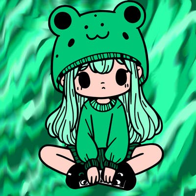 a girl wearing a frog hat and some frog socks