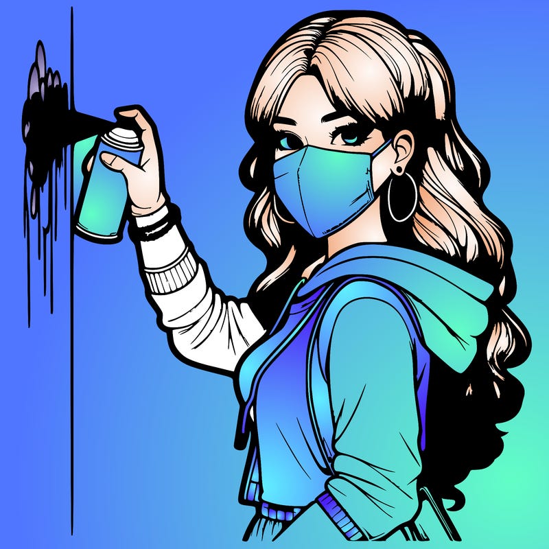 realistic girl with mask spray painting a wall