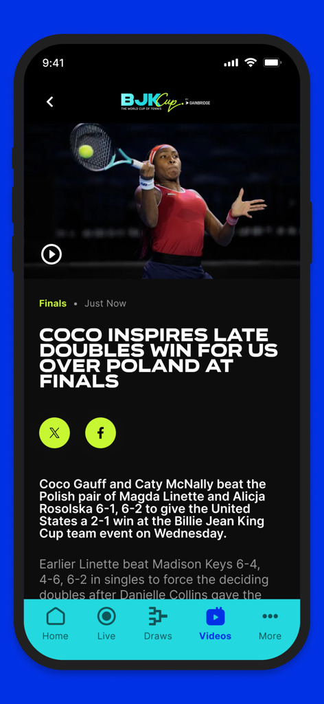 Davis Cup & BJK Cup - News article screen in the Davis Cup and BJK Cup app showing a match recap of Coco Gauff for Team USA