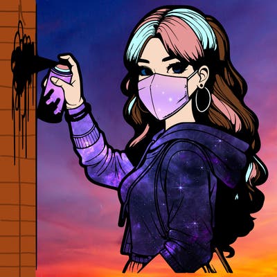 realistic girl with mask spray painting a wall