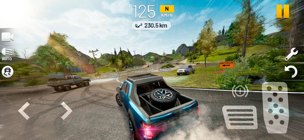 Un pick-up bleu circulant dans un paysage tout-terrain pittoresque dans Extreme Car Driving Simulator.