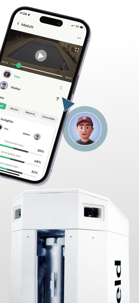 Wingfield Sports app showing match analytics and video alongside the AI court camera system