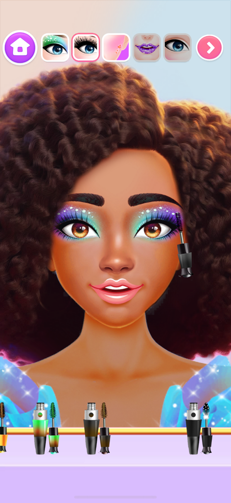 Makeup Salon: Games for Girls - A digital model receives a makeover with colorful eyeshadow and mascara in a kids makeup game