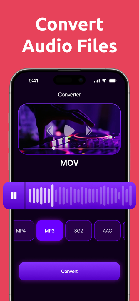 Mobile app interface showing a video file being converted to MP3 format with format selection and a convert button.