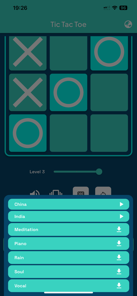 Tic Tac Toe Relaxing - A Tic Tac Toe game screen with an open menu displaying relaxing background music options like meditation, piano, and rain.
