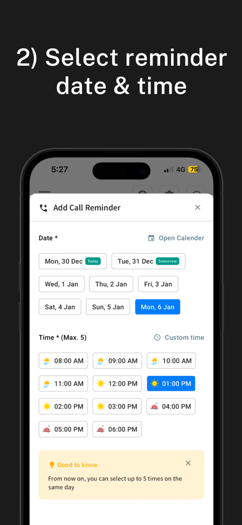 LeedsApp: Lead Management CRM - Interface for scheduling a call reminder in LeedsApp with date and time selection