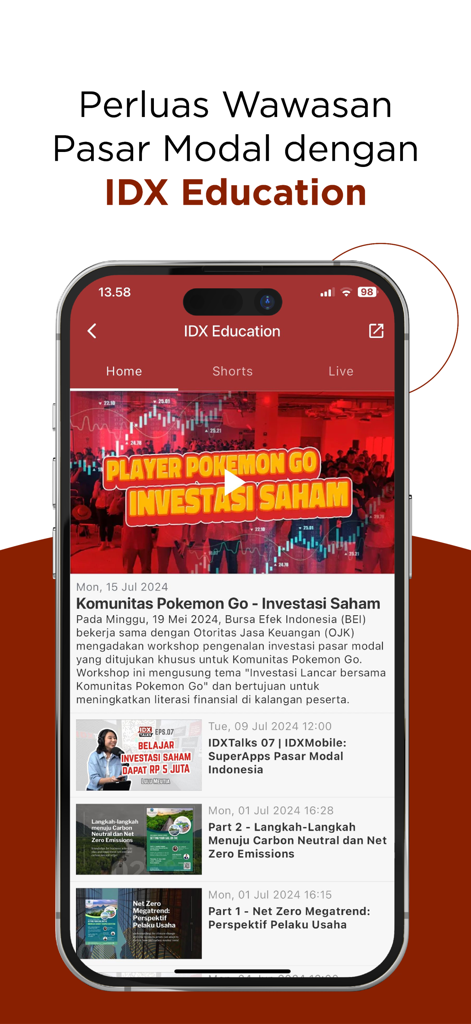 New IDX Mobile - The education section of the New IDX Mobile app showing financial news and investment workshops.
