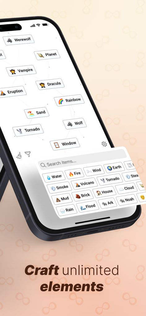 Infinite Craft by Neal - Neal의 Infinite Craft 모바일 게임 플레이 화면으로 다양한 요소와 제작 인터페이스를 보여줍니다.