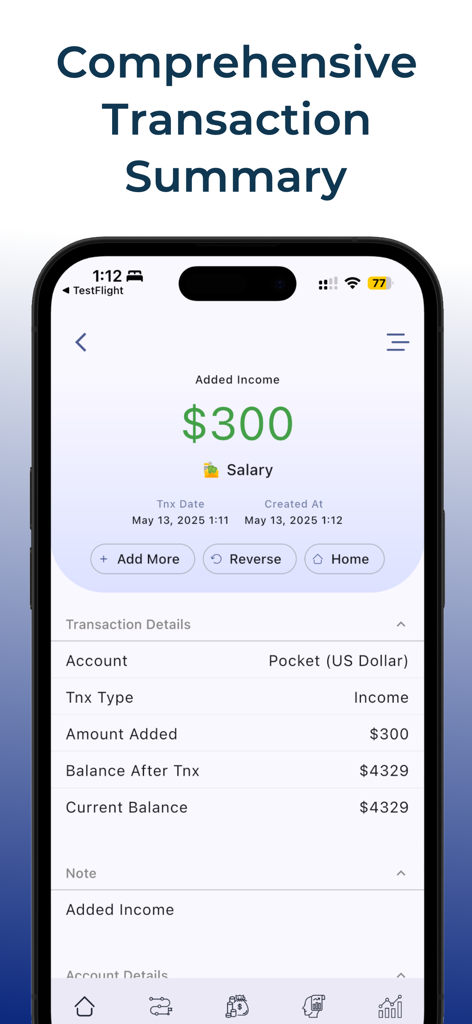 Tela de smartphone mostrando um resumo abrangente de transações para uma receita salarial de trezentos dólares no aplicativo Expense Track