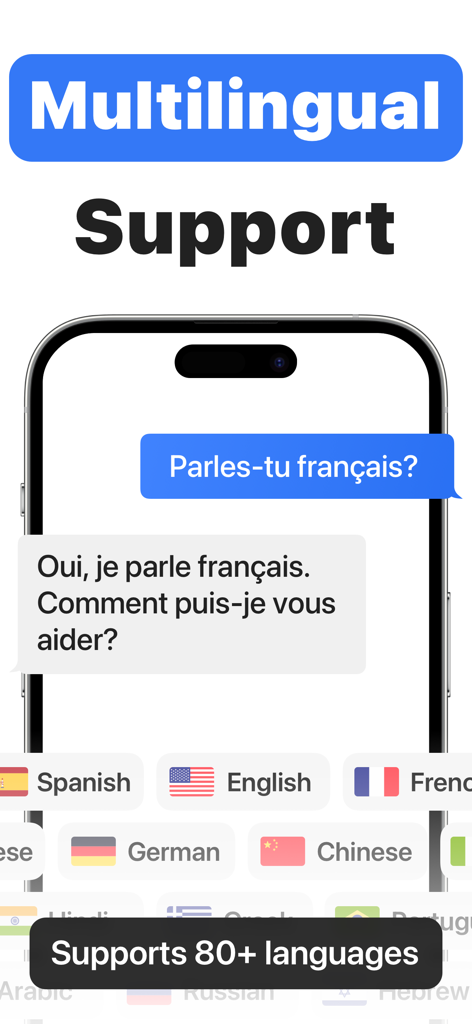 KI-Chat-App-Screenshot zeigt mehrsprachige Unterstützung mit einer Konversation auf Französisch und verschiedenen Sprachoptionen wie Englisch, Spanisch und Chinesisch