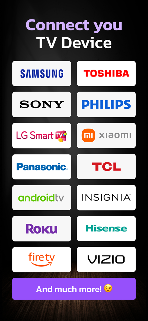 Universal Remote: TV Control • - Pantalla que muestra logotipos de marcas de TV compatibles, incluidas Samsung, Sony, LG, Roku y Fire TV, para la aplicación de control remoto universal.