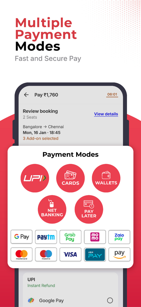 redBus app screen displaying multiple secure payment methods including UPI, cards, and mobile wallets.