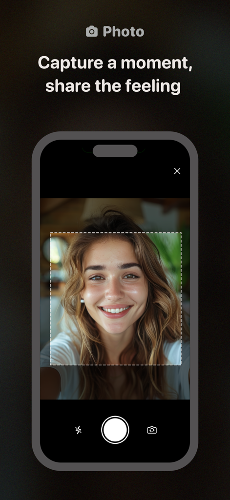 Photo Widget - WidGeek - Tela do aplicativo WidGeek mostrando uma mulher tirando uma selfie com o texto Capture um momento, compartilhe o sentimento.