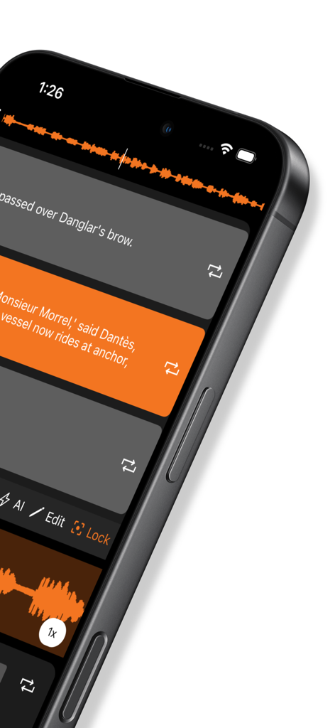 Listen Repeat - AB Repeat - Primer plano de la interfaz de la aplicación Listen Repeat en un teléfono móvil mostrando una forma de onda y segmentos de guión de audio para el aprendizaje de idiomas