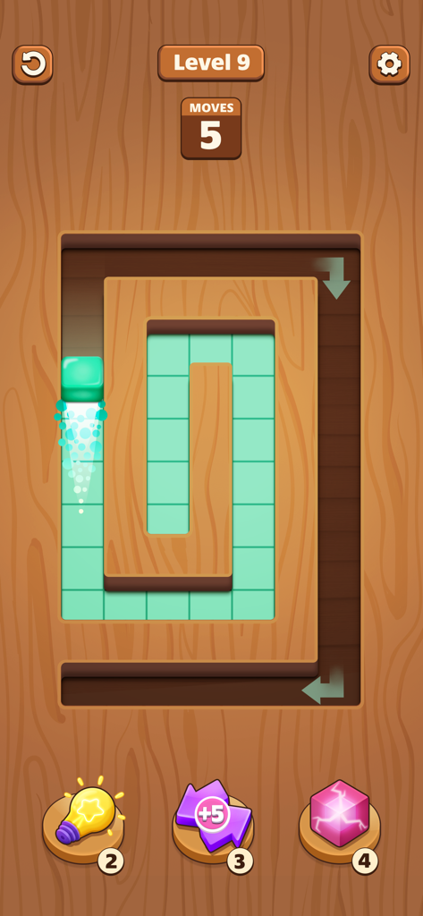 Maze Fill - Captura de pantalla del juego Maze Fill mostrando un laberinto de madera con un cubo verde llenando casillas y un contador de movimientos
