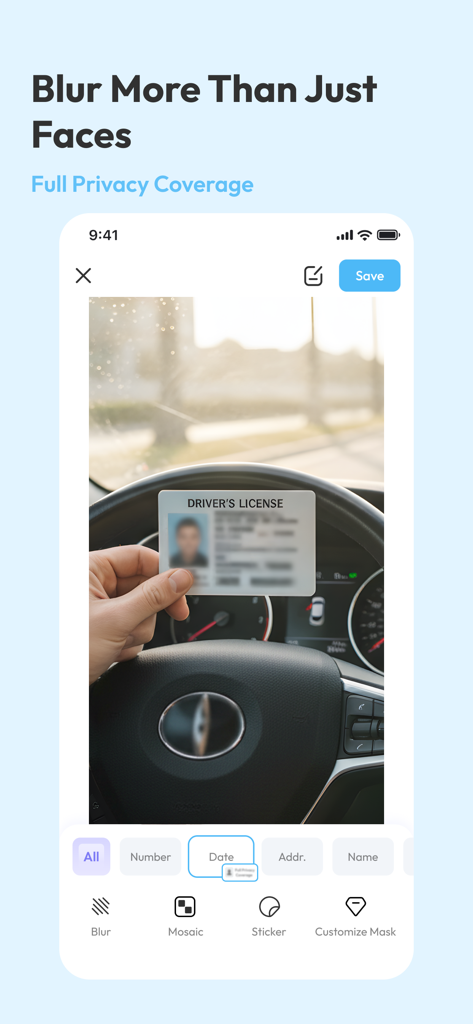 WuMask - WuMask app interface showing automatic blurring of a drivers license for privacy protection