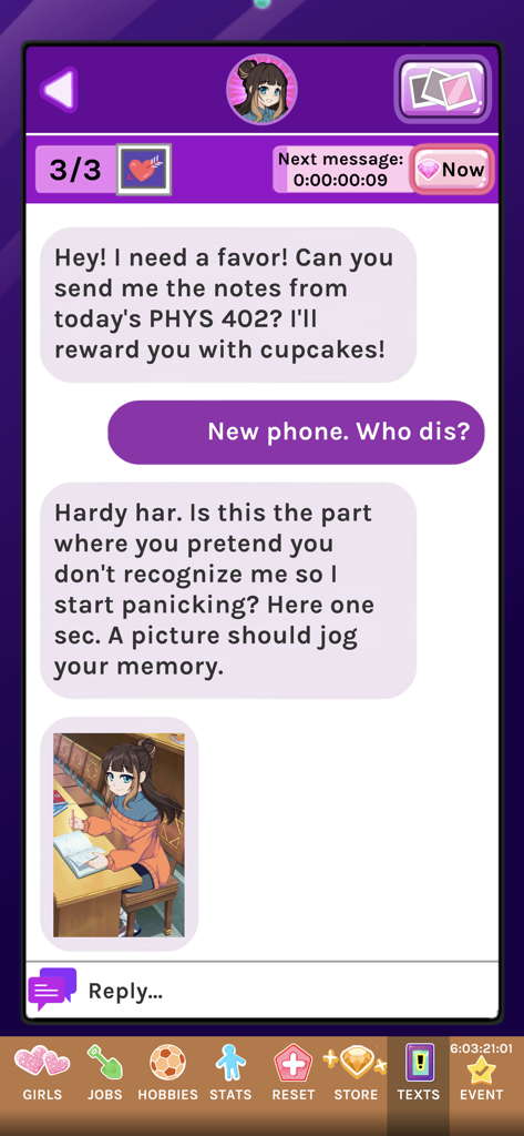 Crush Crush - Idle Dating Sim - Conversa de mensagem de texto no jogo com um personagem de anime no Crush Crush Idle Dating Sim