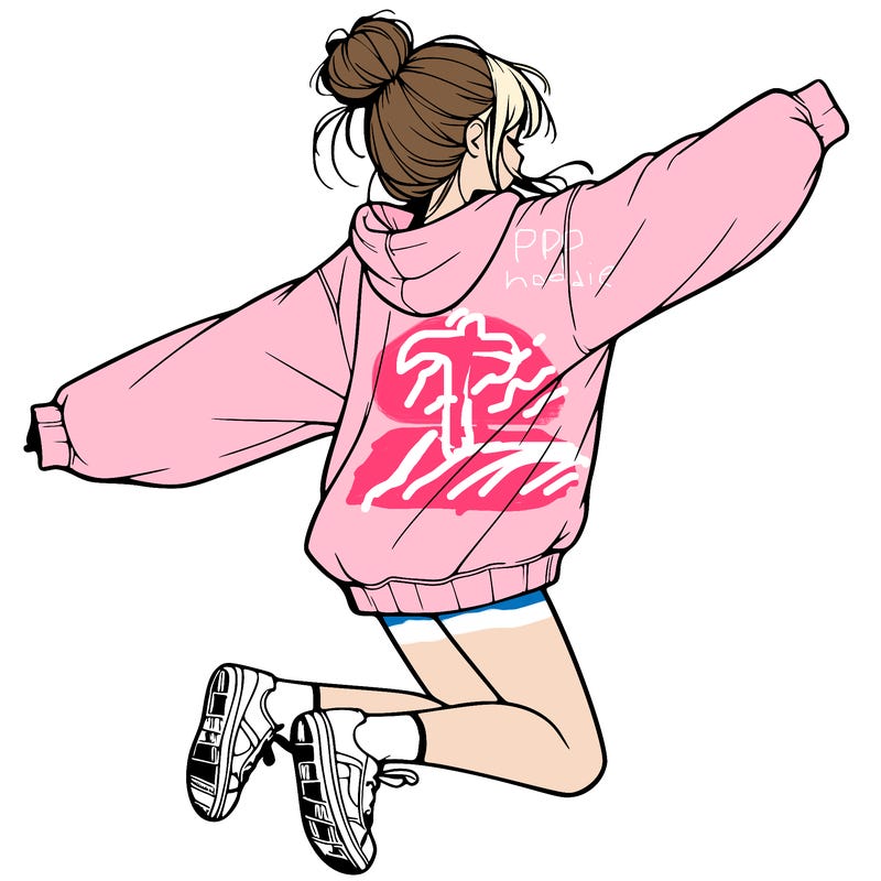 realistic girl jumping with a bun and oversized sweatshirt