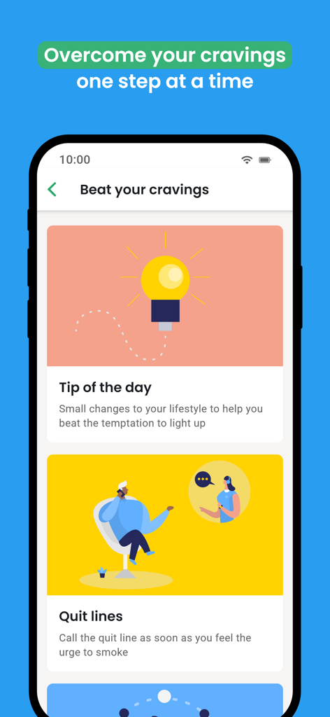 QuitNow app interface showing daily tips and support lines to help users overcome smoking cravings