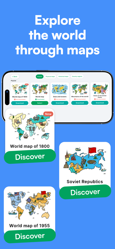 A collection of historical and physical world maps to explore in the StudyGe app