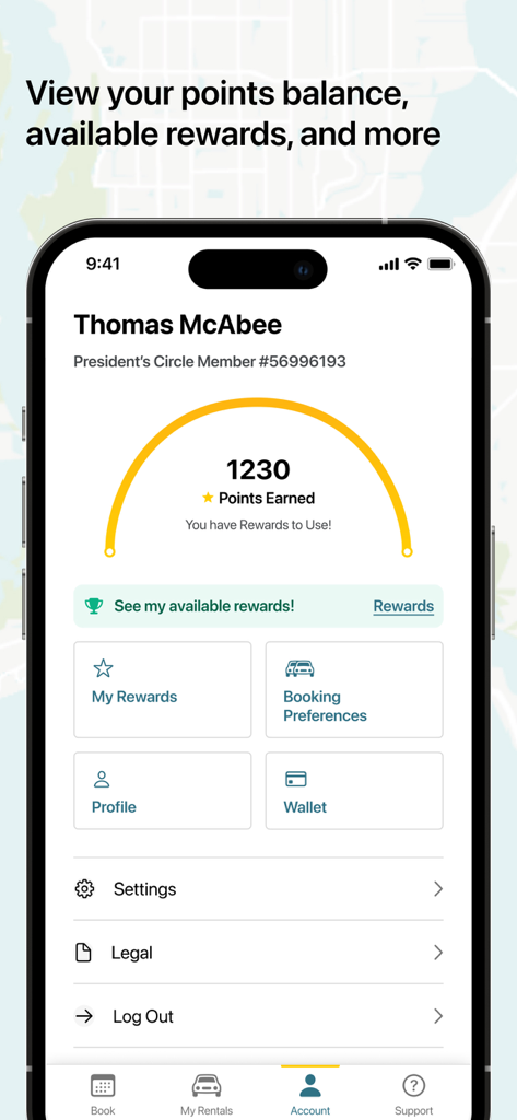 Hertz Rental Car, EV, SUV, Van - Hertz mobile app account dashboard showing Gold Plus Rewards points and membership level