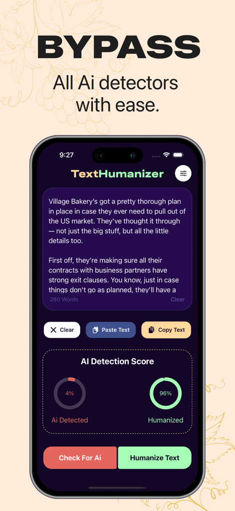 Bypassgpt TextHumanizer - Bypassgpt TextHumanizer mobile app interface showing a 96 percent humanized score and a humanize text button.