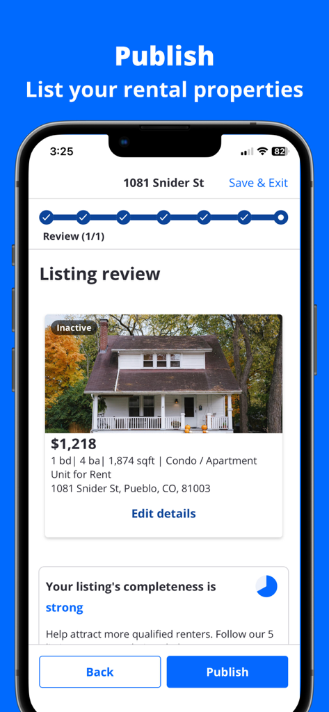 Zillow Rental Manager - Interfaz de la aplicación Zillow Rental Manager mostrando la revisión de un anuncio de propiedad y el botón de publicar