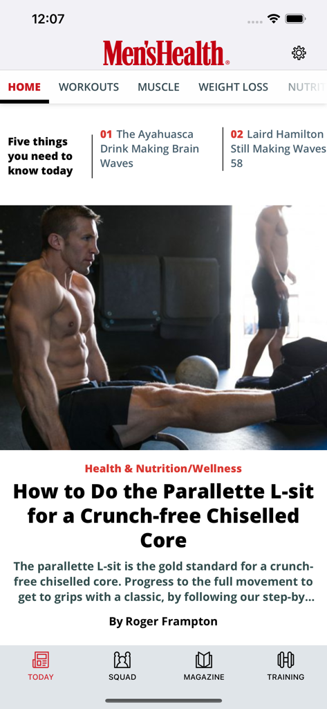 Men's Health UK - Men's Health UKアプリのホーム画面に、パラレットLシットエクササイズに関するフィットネス記事が表示されている様子。