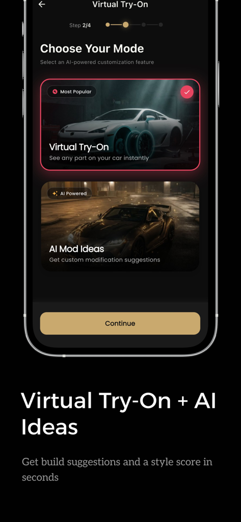 AutoMod: AI Car Customizer - Pantalla de la aplicación AutoMod mostrando las funciones Virtual Try-On y AI Mod Ideas para la personalización de coches