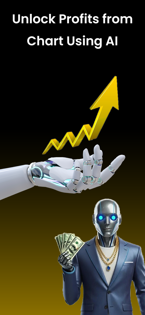 Crypto Chart AI Trading Signal - スーツを着たロボットが、AI取引シグナルを象徴する上昇する利益矢印の隣にお金を持っています。