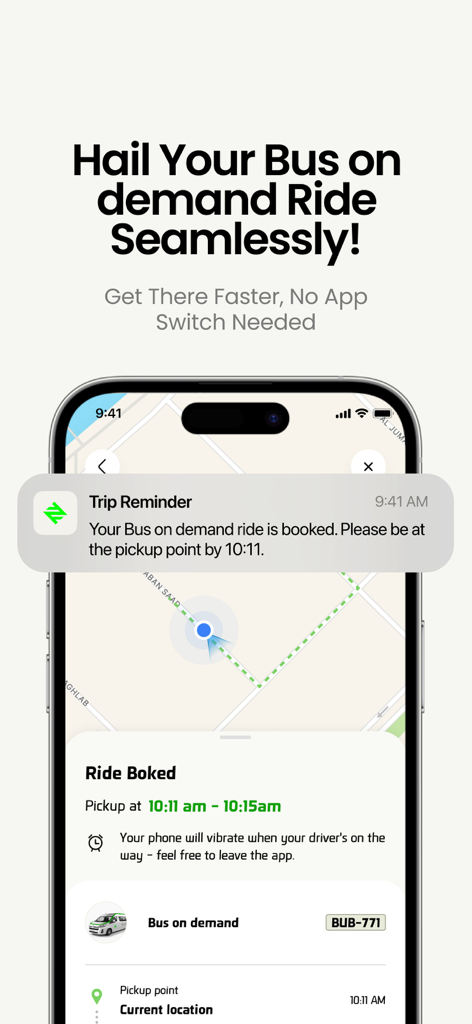 Darb app displaying a bus on demand booking with a trip reminder notification and route map