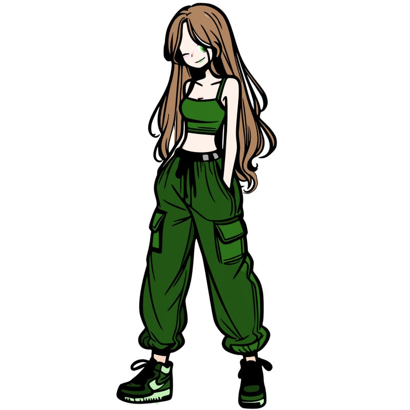 girl in baggy pants crop top and long hair