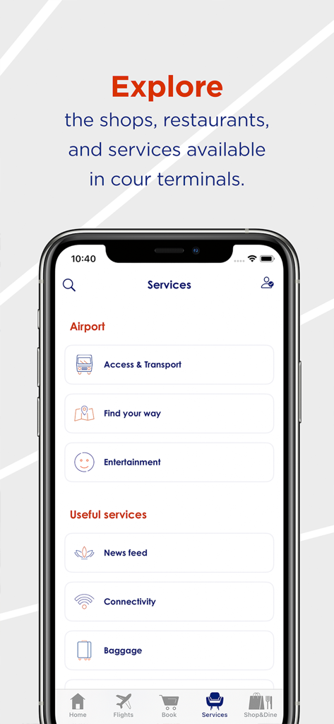 Paris Aéroport – Official - Captura de tela do aplicativo Paris Aéroport mostrando o menu de serviços do terminal com categorias para transporte, navegação e entretenimento